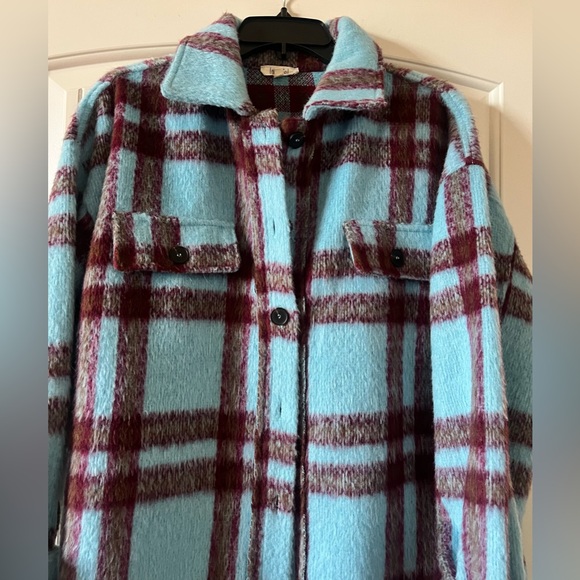 La Miel Jacket Women Small Relaxed Fit Button Blue Burgundy Plaid Travel Shacket - Picture 4 of 8